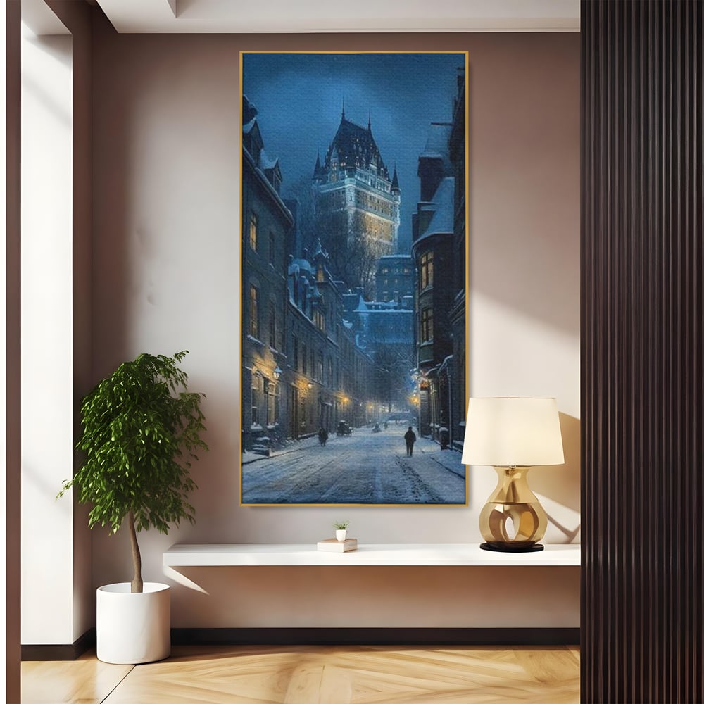 Tablou canvas cu tablou canvas cu strada iarna noaptea, in rama de aluminiu auriu